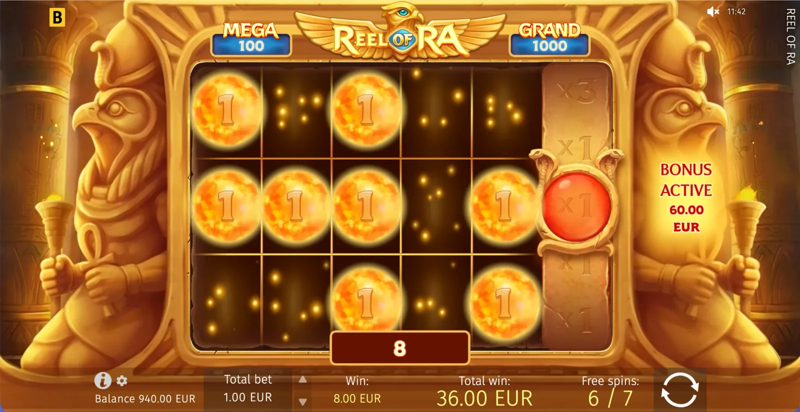 Reel of Ra Coin-only bonus grid with glowing values and multiplier reel