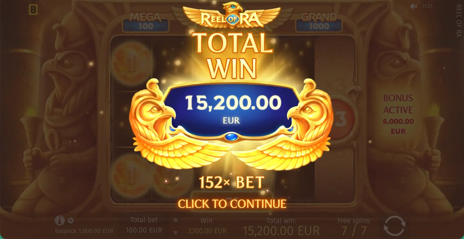 Reel of Ra total win display framed by golden falcons